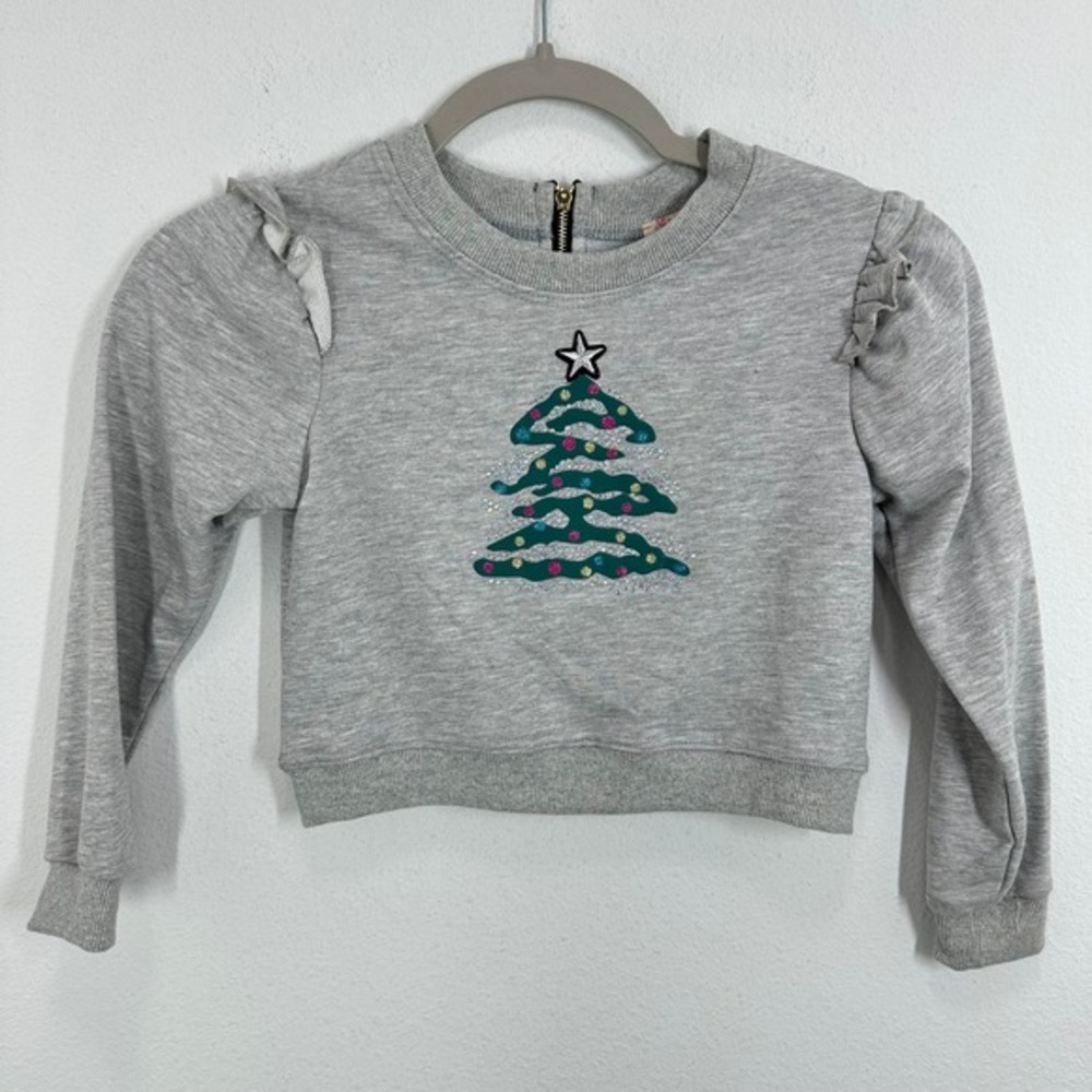 Truly Me Girls' Size 5 Gray Christmas Tree Sweatshirt w/ Ruffle Shoulders School